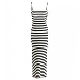 Black & White Striped Knit Spaghetti Strap Bodycon Maxi Dress